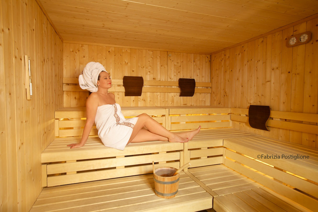 Italy. South Tyrol. Val Gardena Valley. Selva Gardena. Portillo 1966 Hotel & Spa. The Finnish Sauna in the sleek and contemporary Belisana Spa.